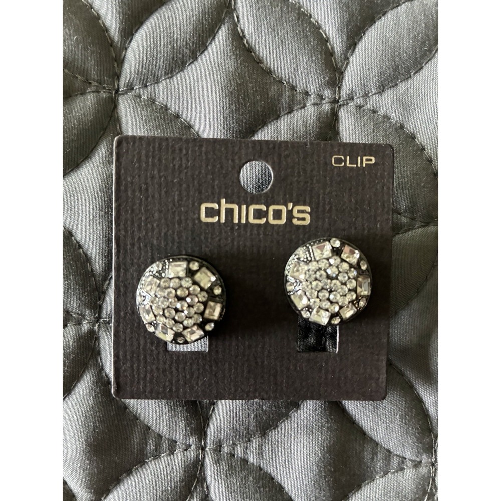 Chico's Silver Tone Round Crystal Cluster Clip-On Stud Earrings